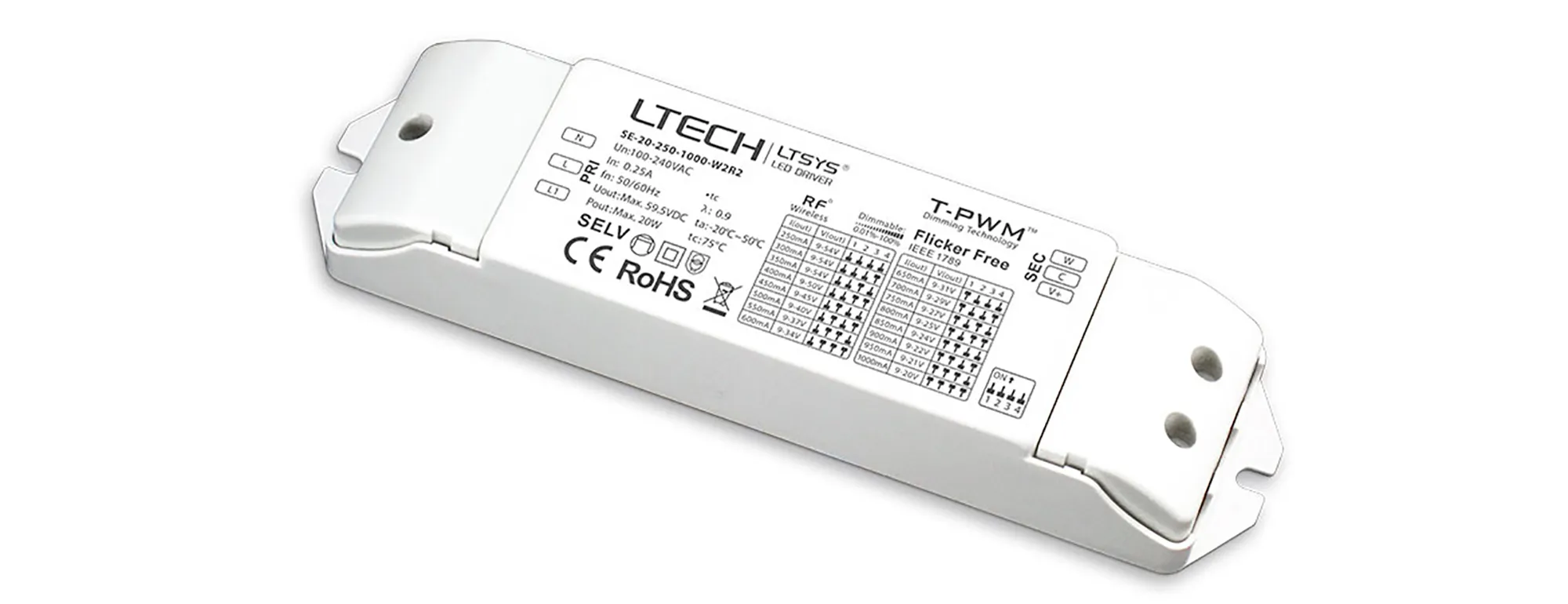 SE-20-250-1000-W2R2  Ltech Smart home Wireless Dimmablre LED Driver 12W 24Vdc/350-700mA. 0-100% PWM dimming, Over voltage, over load, Over heat and Short circuit protection, IP20.